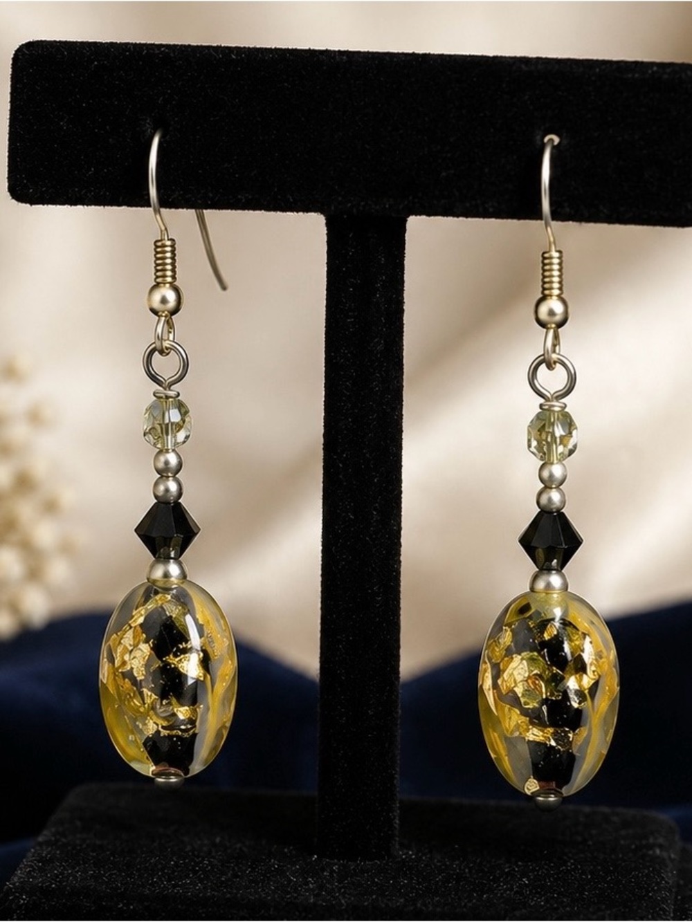 Yellow Glass Drop Earrings with Black Accents